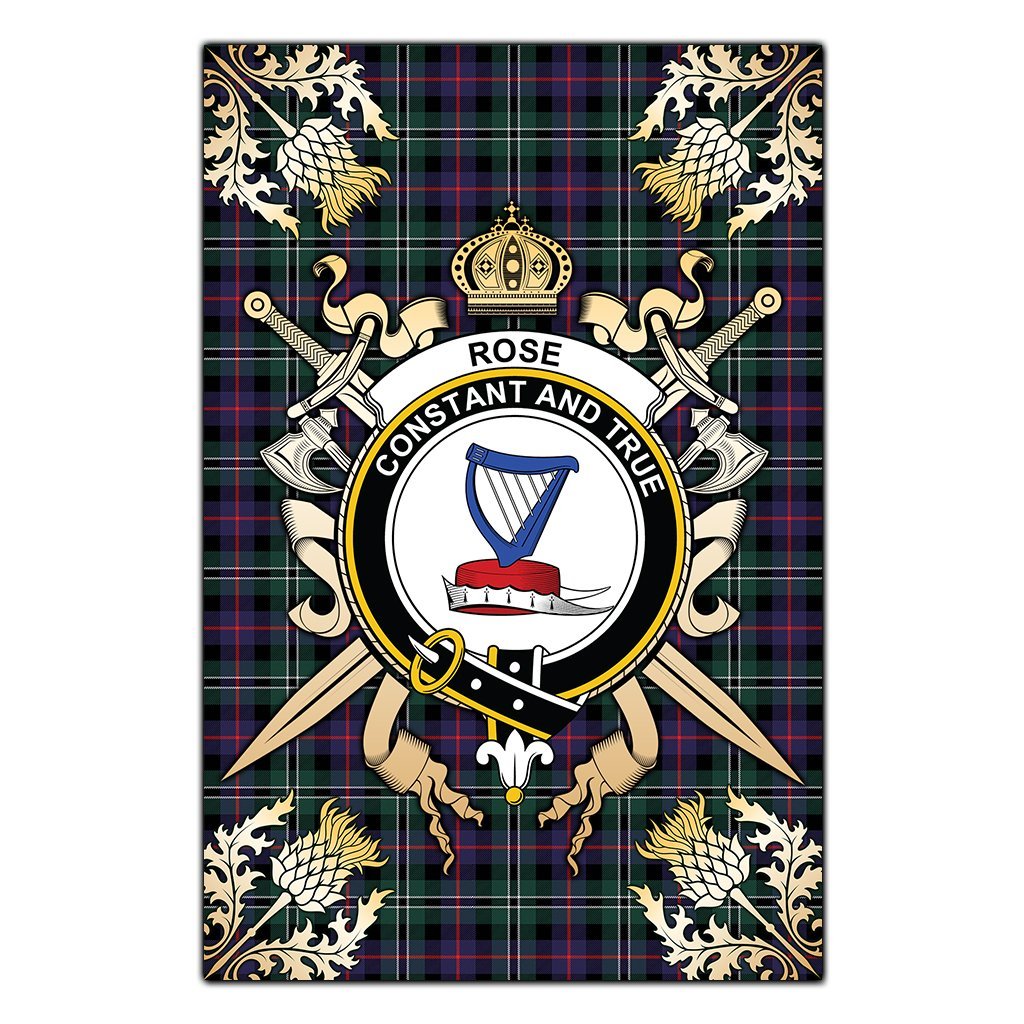 Rose Hunting Modern Tartan Crest Black Garden Flag - Gold Thistle Style
