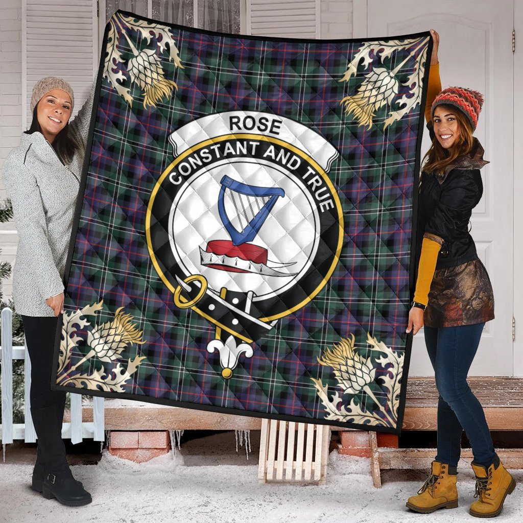 Rose Hunting Modern Tartan Crest Premium Quilt - Gold Thistle Style