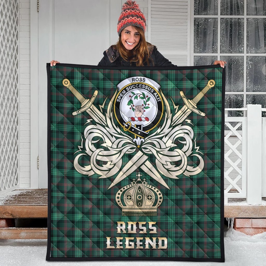 Ross Hunting Modern Tartan Crest Legend Gold Royal Premium Quilt