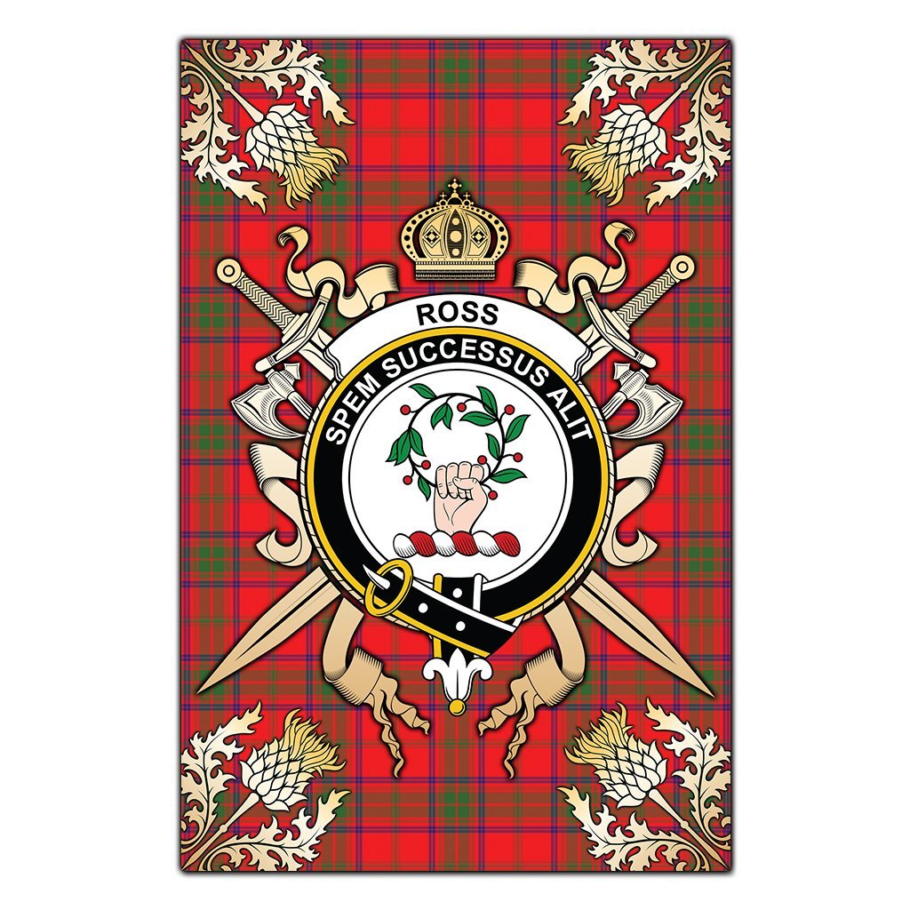 Ross Modern Tartan Crest Black Garden Flag - Gold Thistle Style