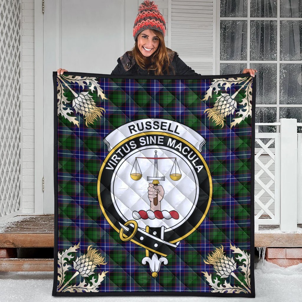 Russell Modern Tartan Crest Premium Quilt - Gold Thistle Style