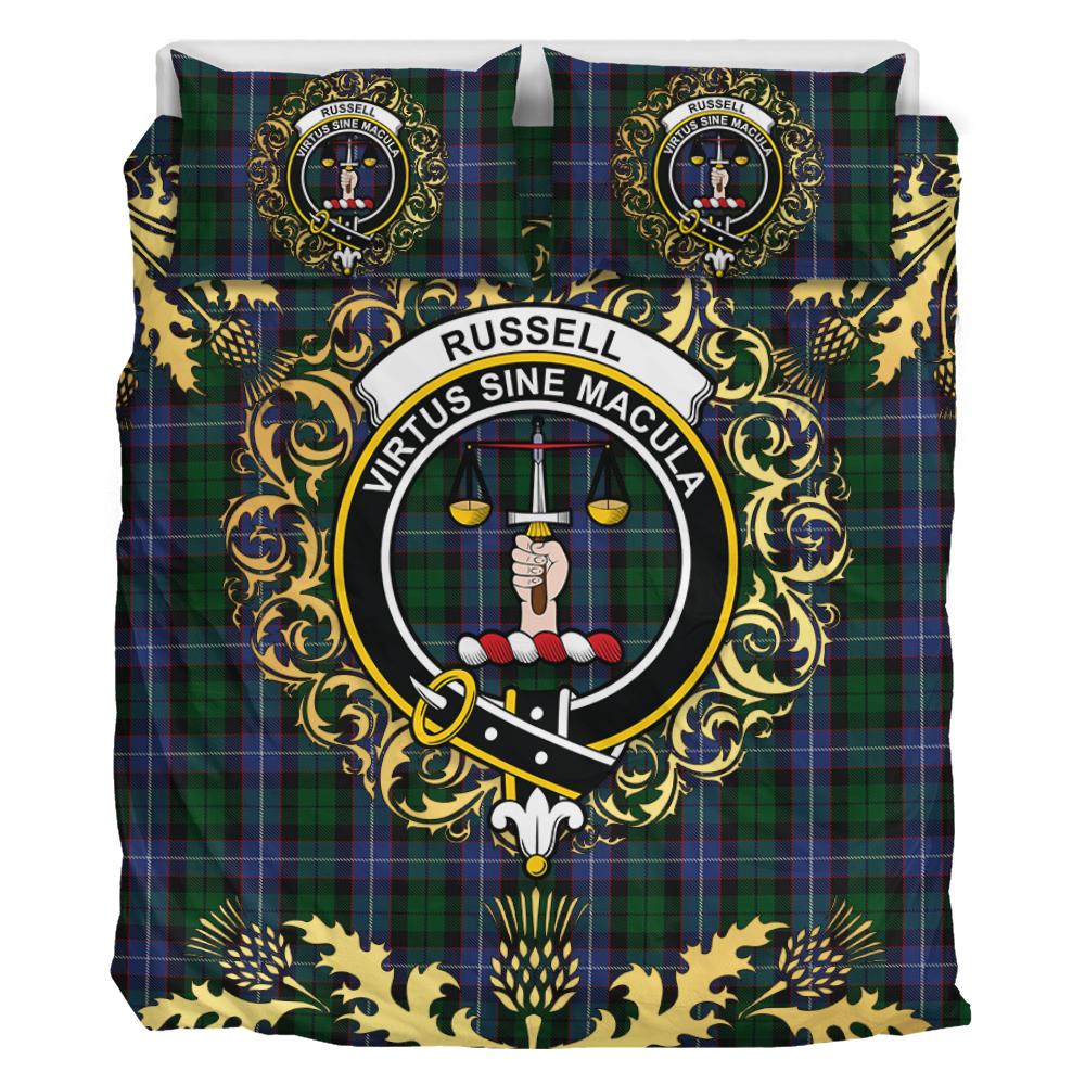Russell or Mitchell or Hunter or Galbraith Tartan Crest Bedding Set - Golden Thistle Style