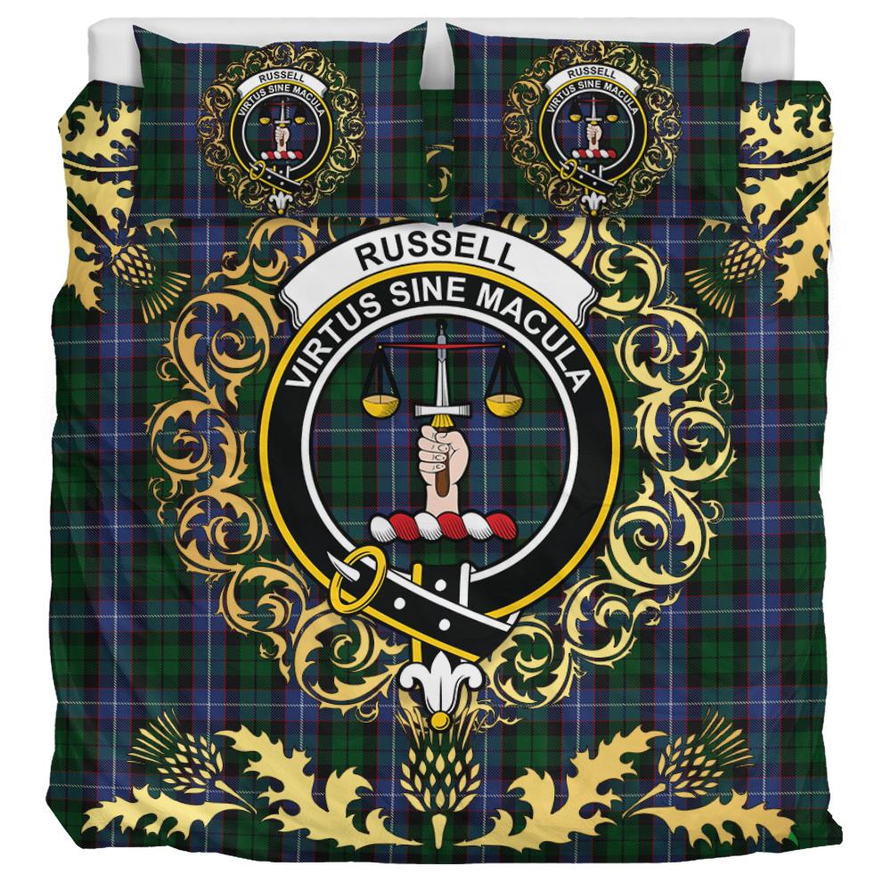 Russell or Mitchell or Hunter or Galbraith Tartan Crest Bedding Set - Golden Thistle Style