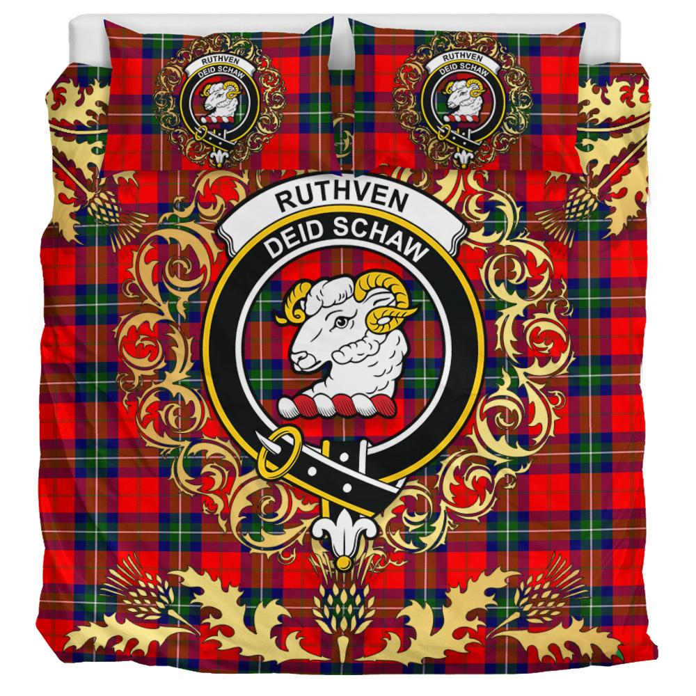 Ruthven Modern Tartan Crest Bedding Set - Golden Thistle Style