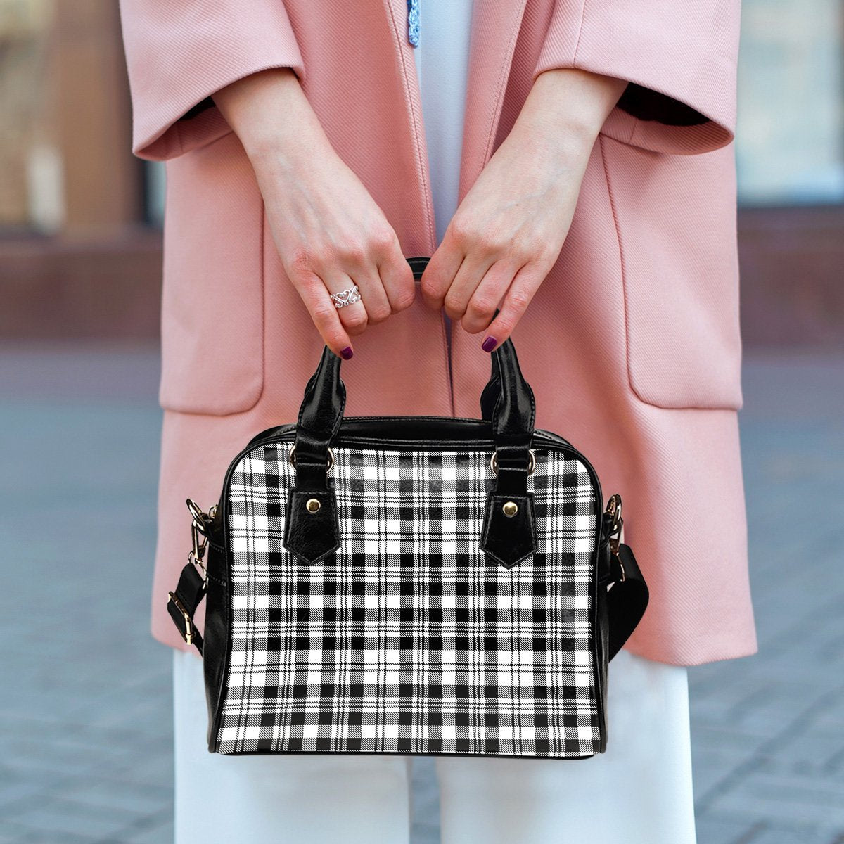 Scott Black & White Modern Tartan Shoulder Handbags