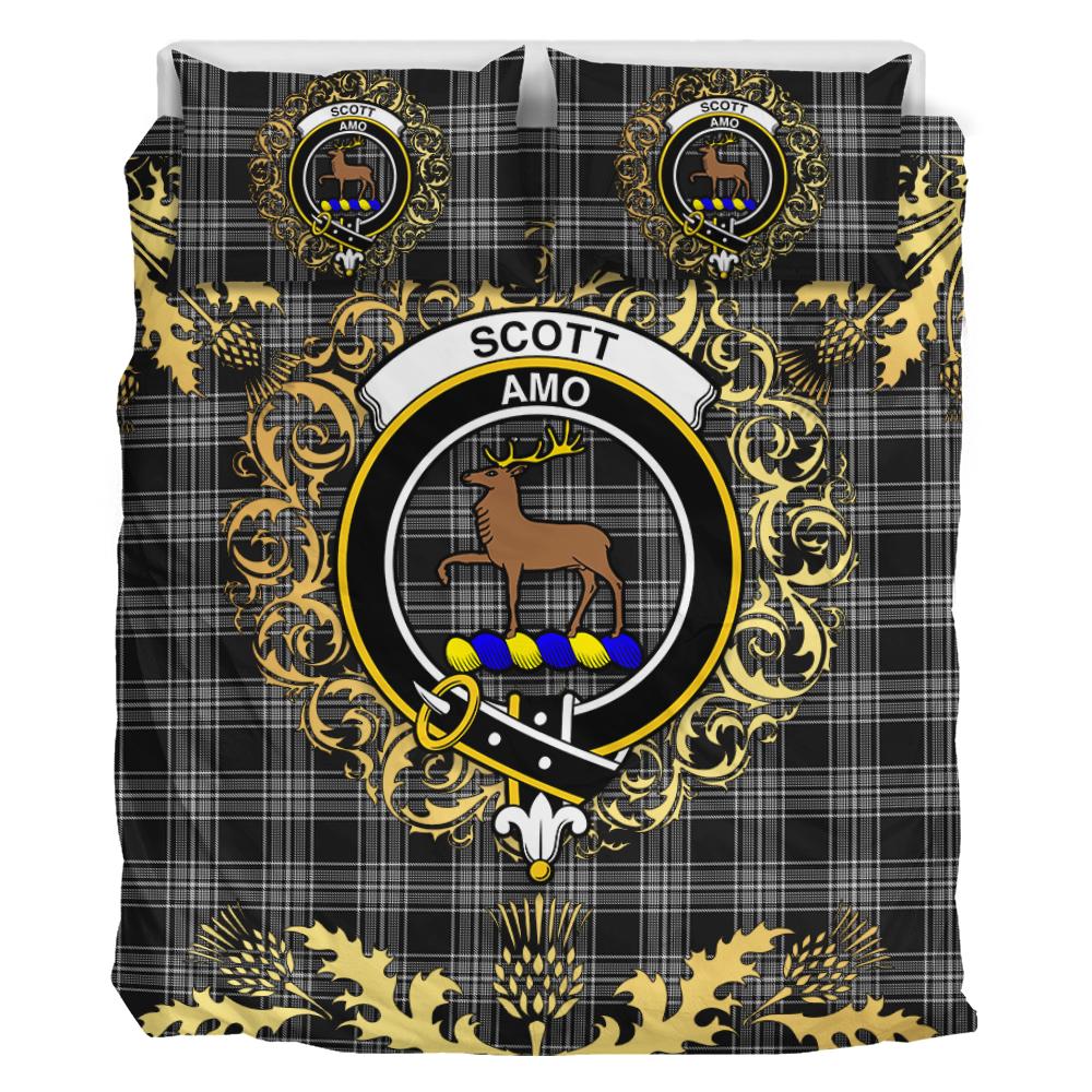 Scott Black and White Tartan Crest Bedding Set - Golden Thistle Style