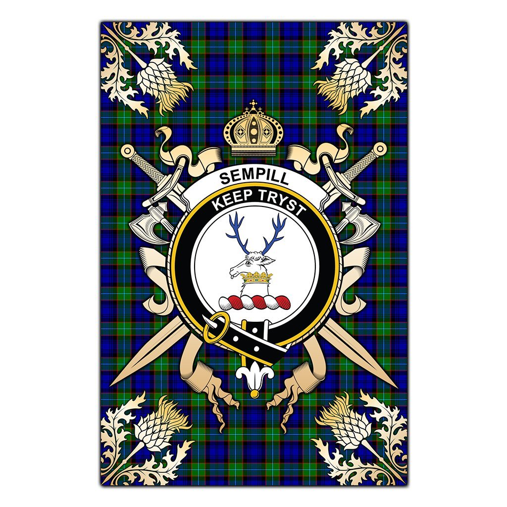 Sempill Modern Tartan Crest Black Garden Flag - Gold Thistle Style