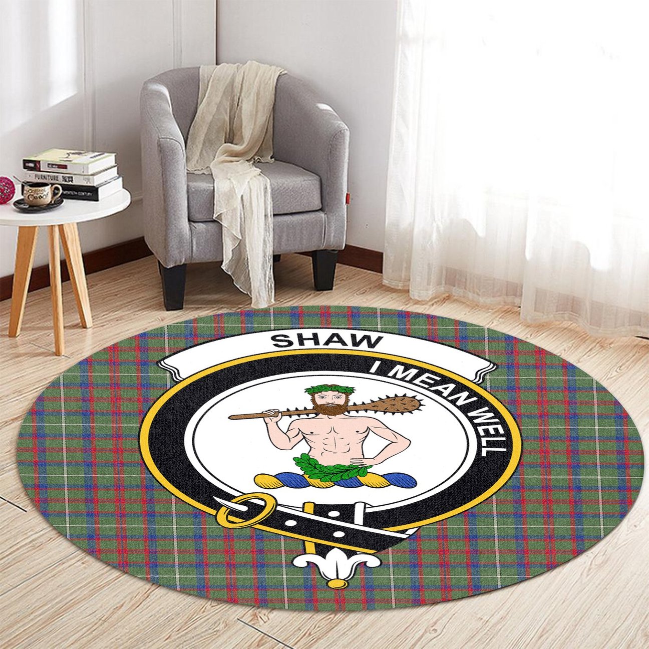Shaw Green Modern Tartan Crest Round Rug
