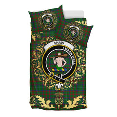 Shaw of Tordarroch Green Hunting Tartan Crest Bedding Set - Golden Thistle Style