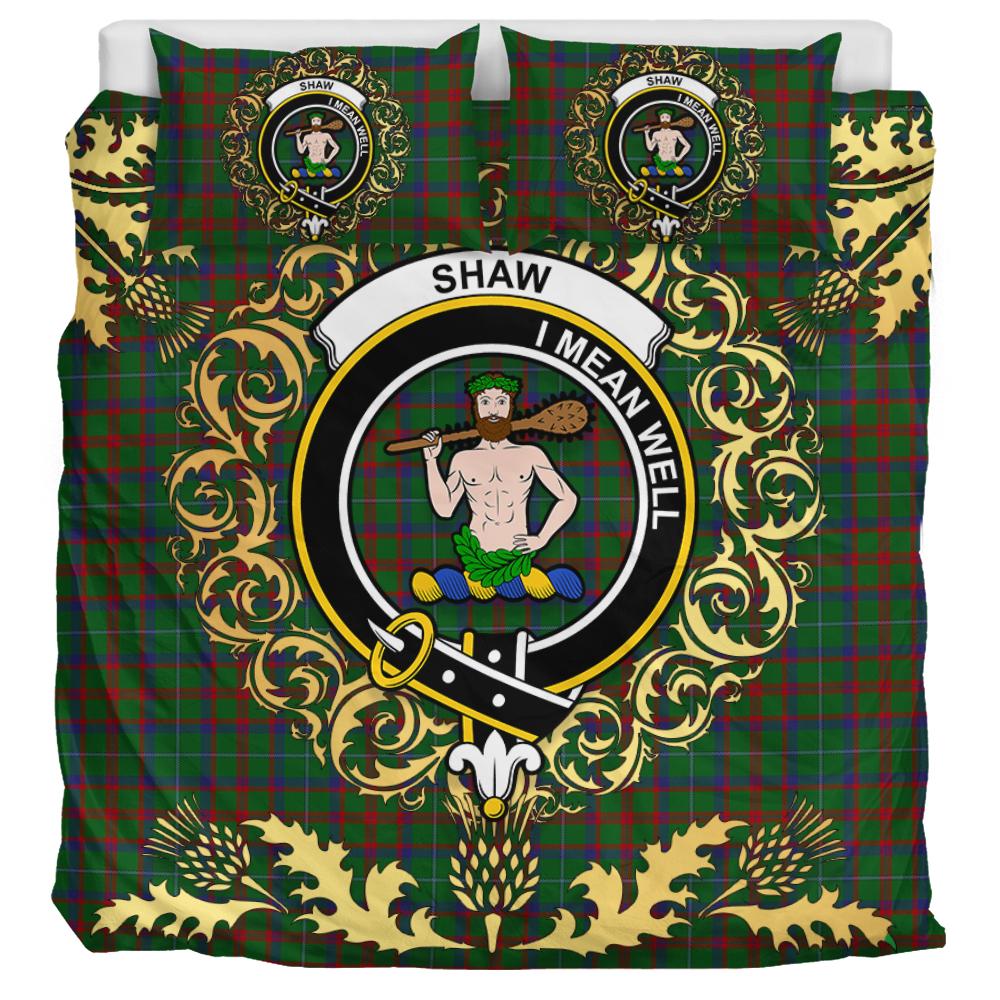 Shaw of Tordarroch Green Hunting Tartan Crest Bedding Set - Golden Thistle Style