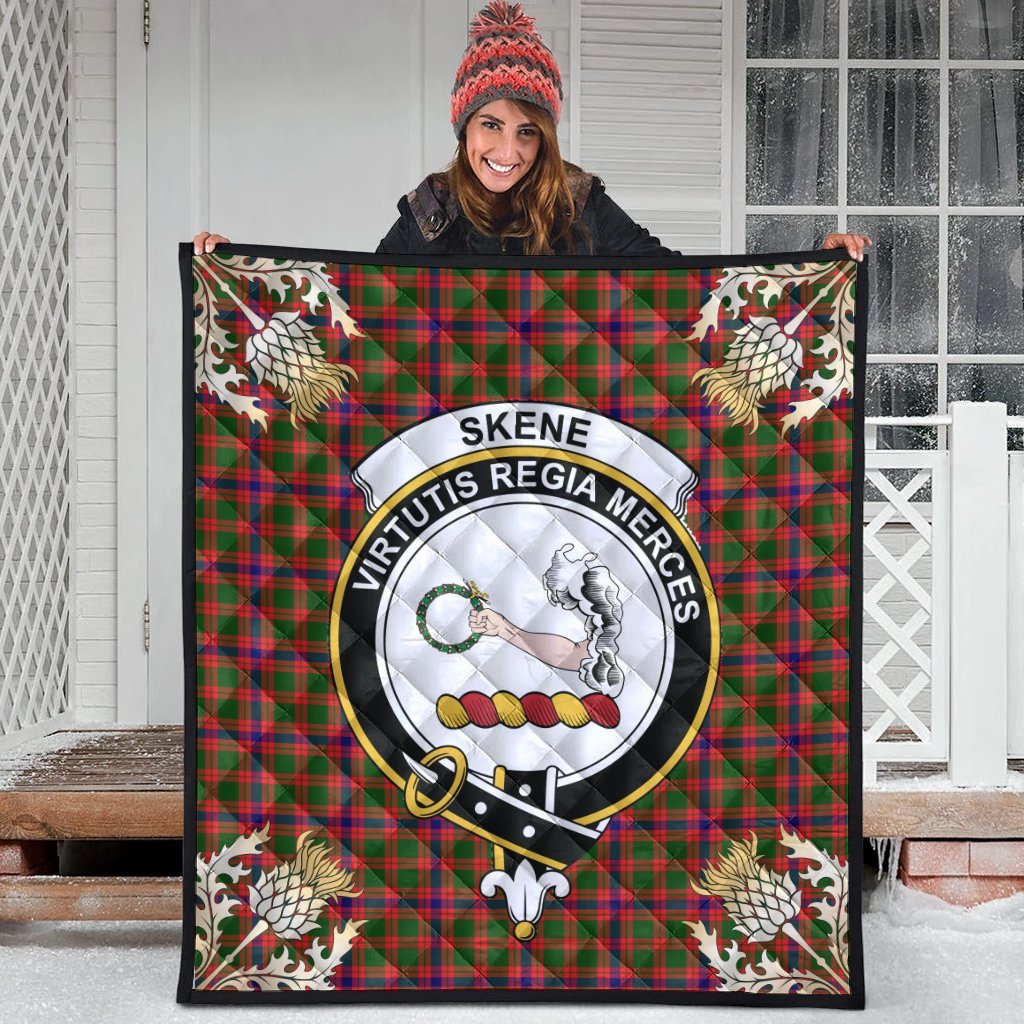 Skene Modern Tartan Crest Premium Quilt - Gold Thistle Style