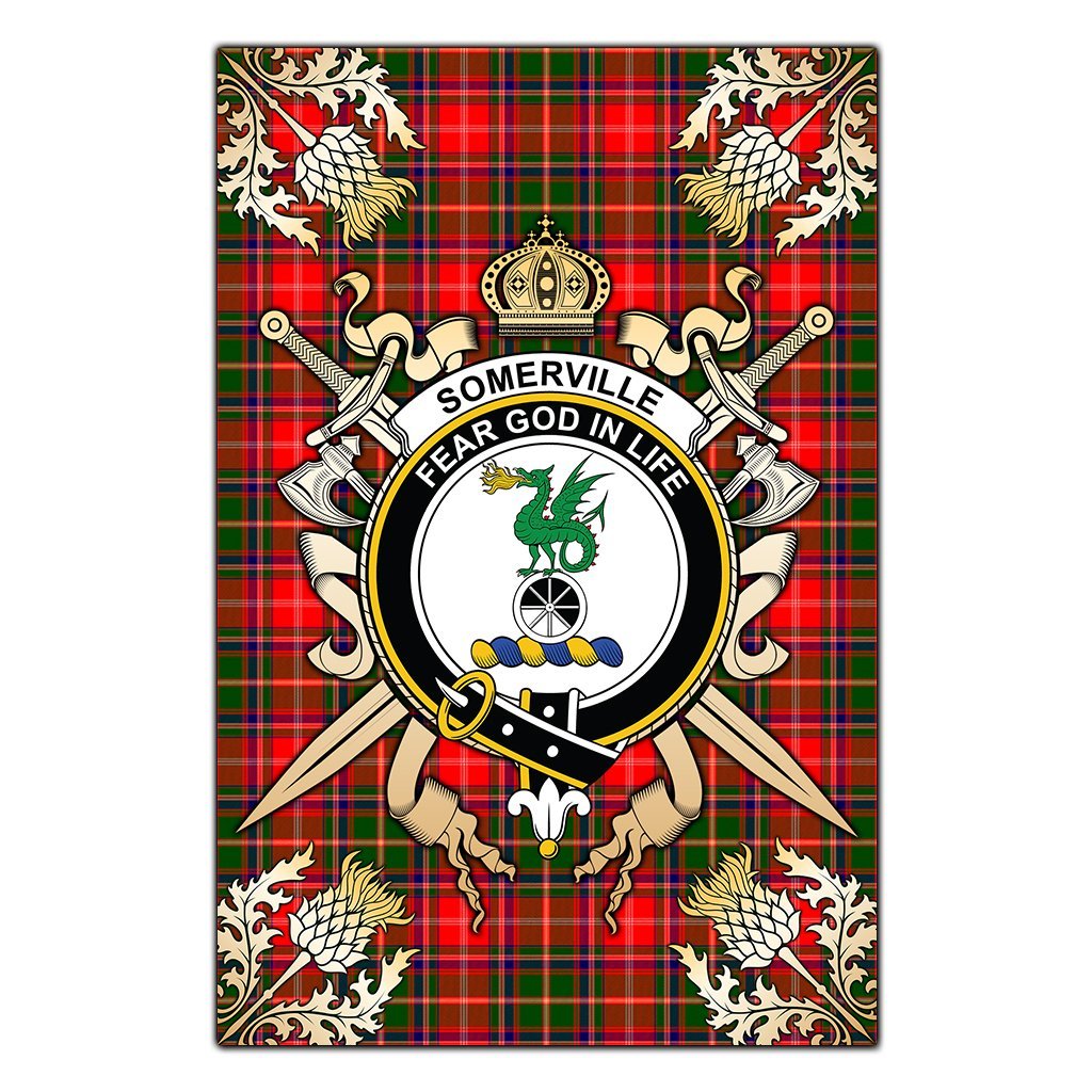 Somerville Modern Tartan Crest Black Garden Flag - Gold Thistle Style