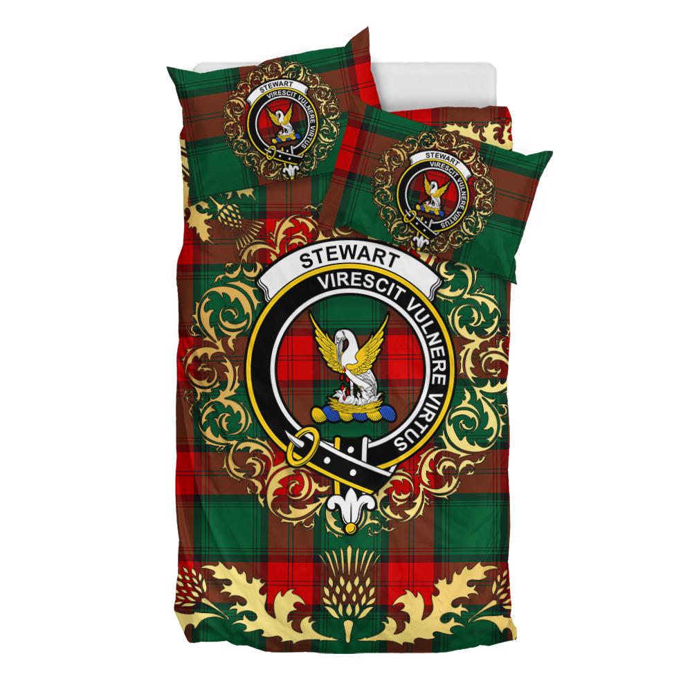 Stewart Atholl Modern Tartan Crest Bedding Set - Golden Thistle Style