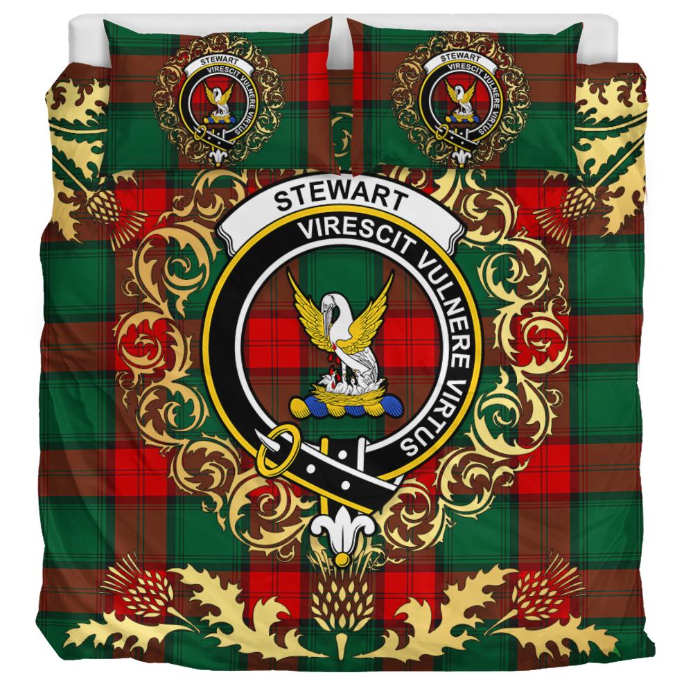 Stewart Atholl Modern Tartan Crest Bedding Set - Golden Thistle Style
