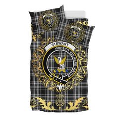 Stewart Black and White Tartan Crest Bedding Set - Golden Thistle Style