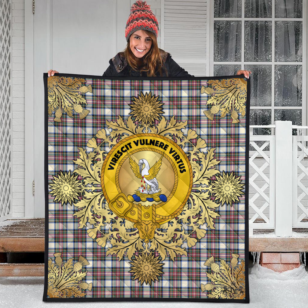 Stewart Dress Ancient Tartan Crest Premium Quilt - Gold Thistle Style