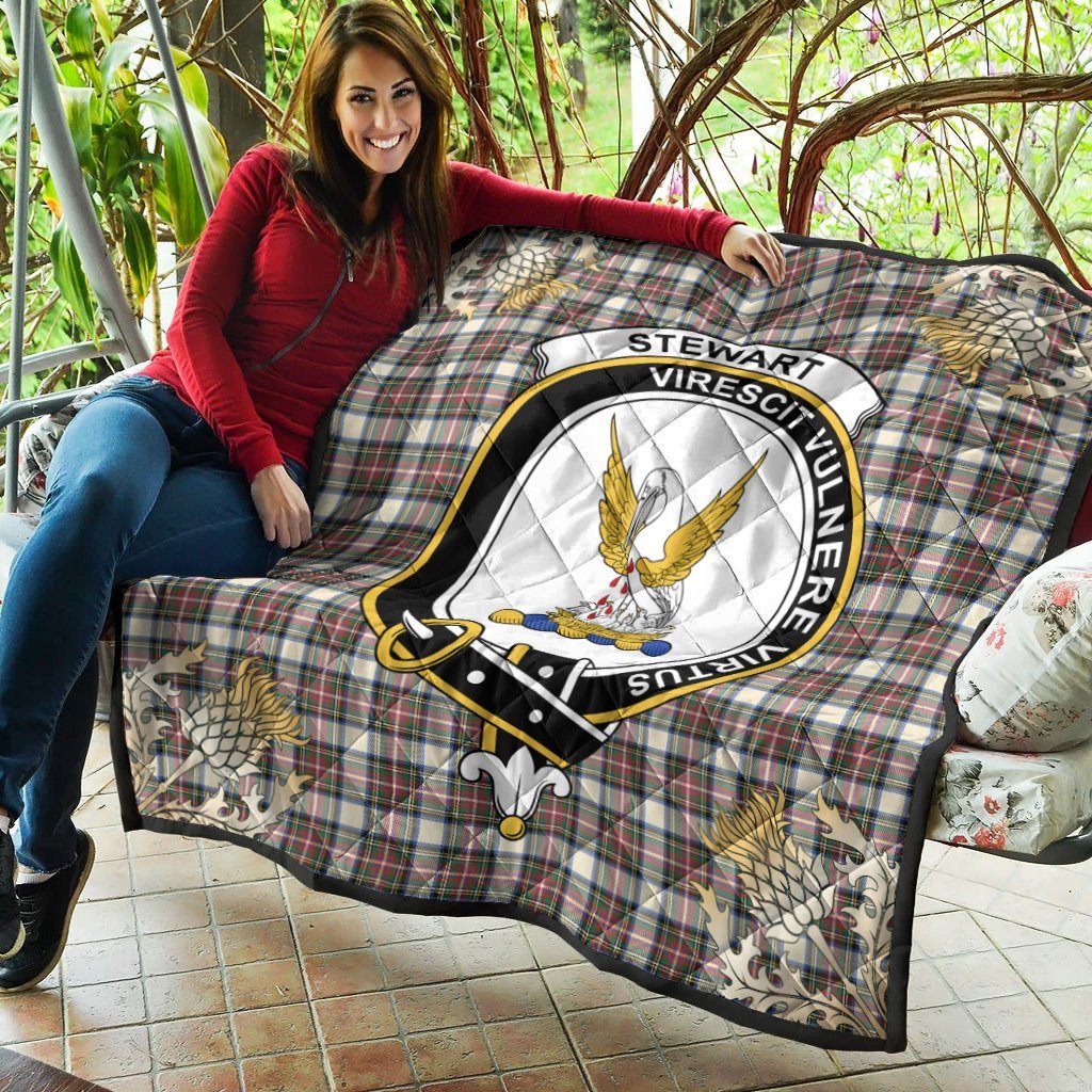 Stewart Dress Ancient Tartan Crest Premium Quilt - Gold Thistle Style