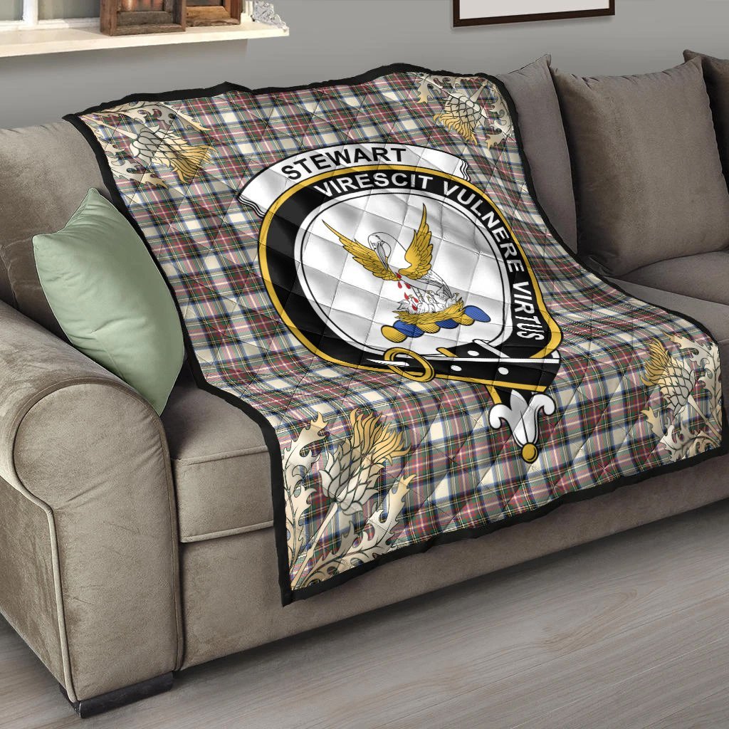 Stewart Dress Ancient Tartan Crest Premium Quilt - Gold Thistle Style