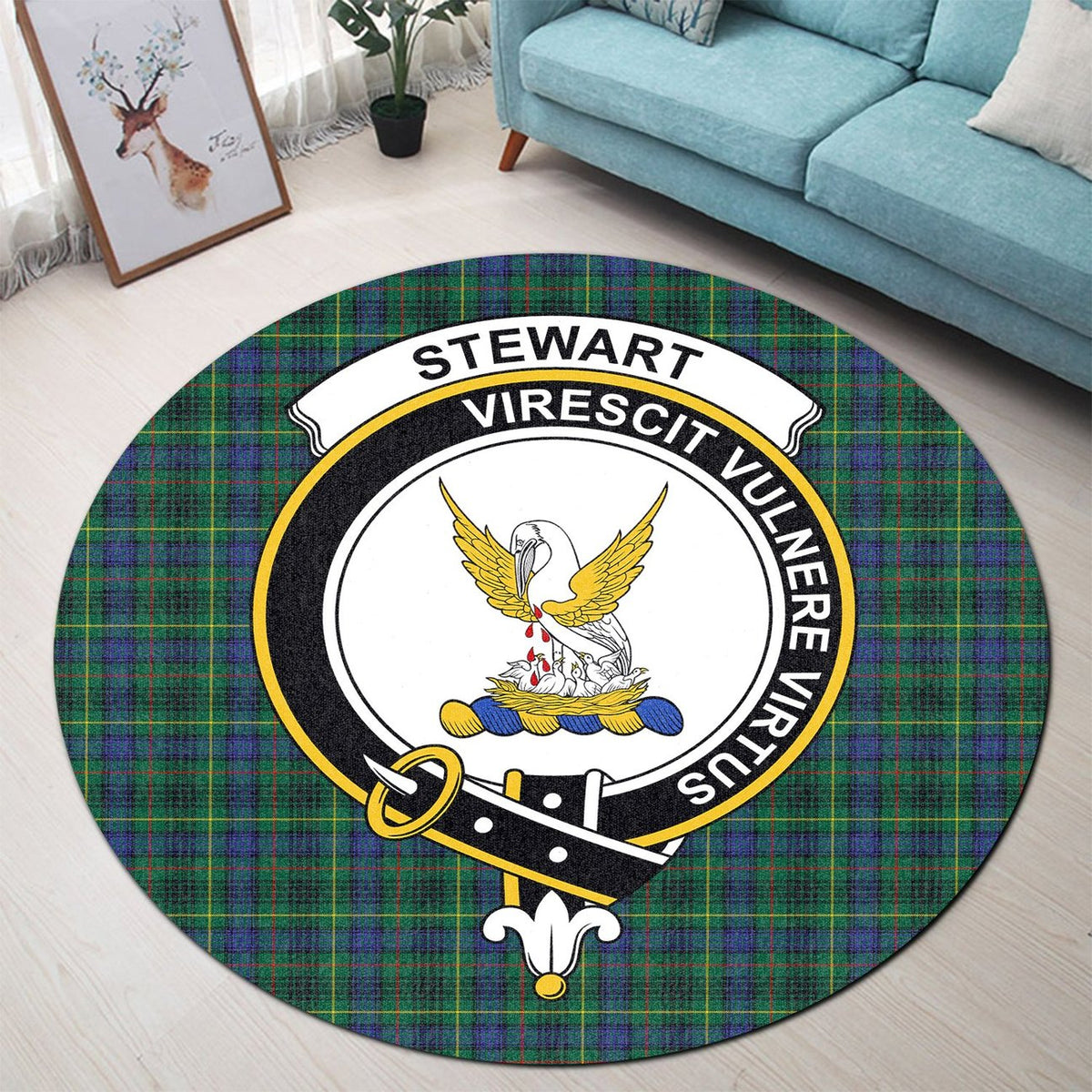 Stewart Hunting Modern Tartan Crest Round Rug