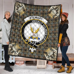 Stewart Hunting Weathered Tartan Crest Premium Quilt - Gold Thistle Style