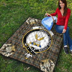 Stewart Hunting Weathered Tartan Crest Premium Quilt - Gold Thistle Style