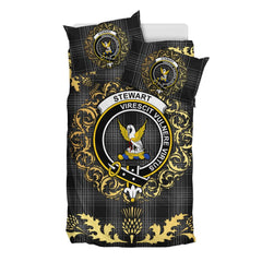 Stewart Mourning Tartan Crest Bedding Set - Golden Thistle Style