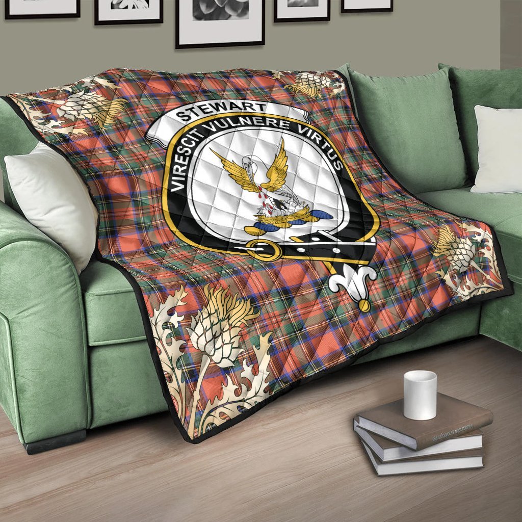 Stewart Royal Ancient Tartan Crest Premium Quilt - Gold Thistle Style
