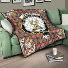 Stewart Royal Ancient Tartan Crest Premium Quilt - Gold Thistle Style