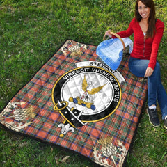 Stewart Royal Ancient Tartan Crest Premium Quilt - Gold Thistle Style