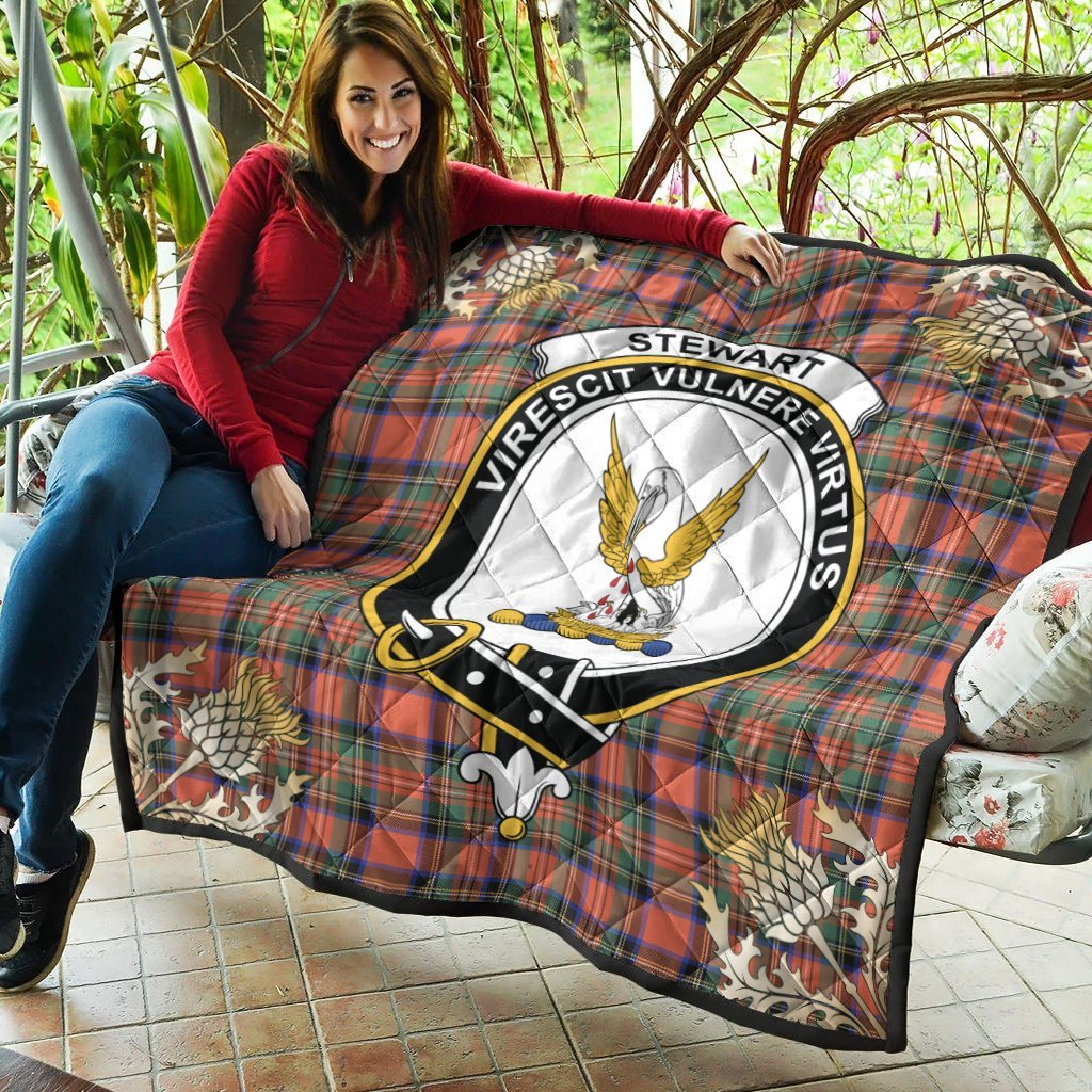 Stewart Royal Ancient Tartan Crest Premium Quilt - Gold Thistle Style