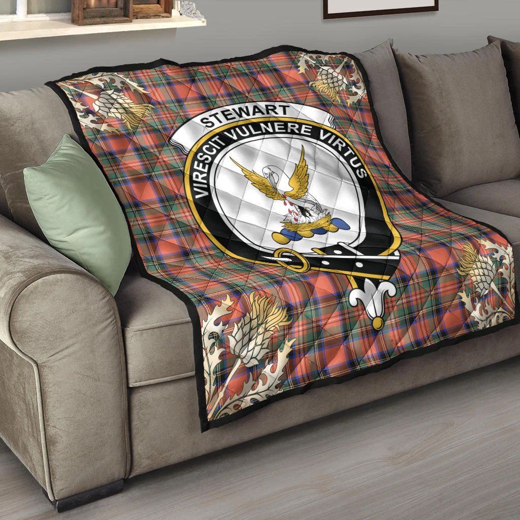 Stewart Royal Ancient Tartan Crest Premium Quilt - Gold Thistle Style