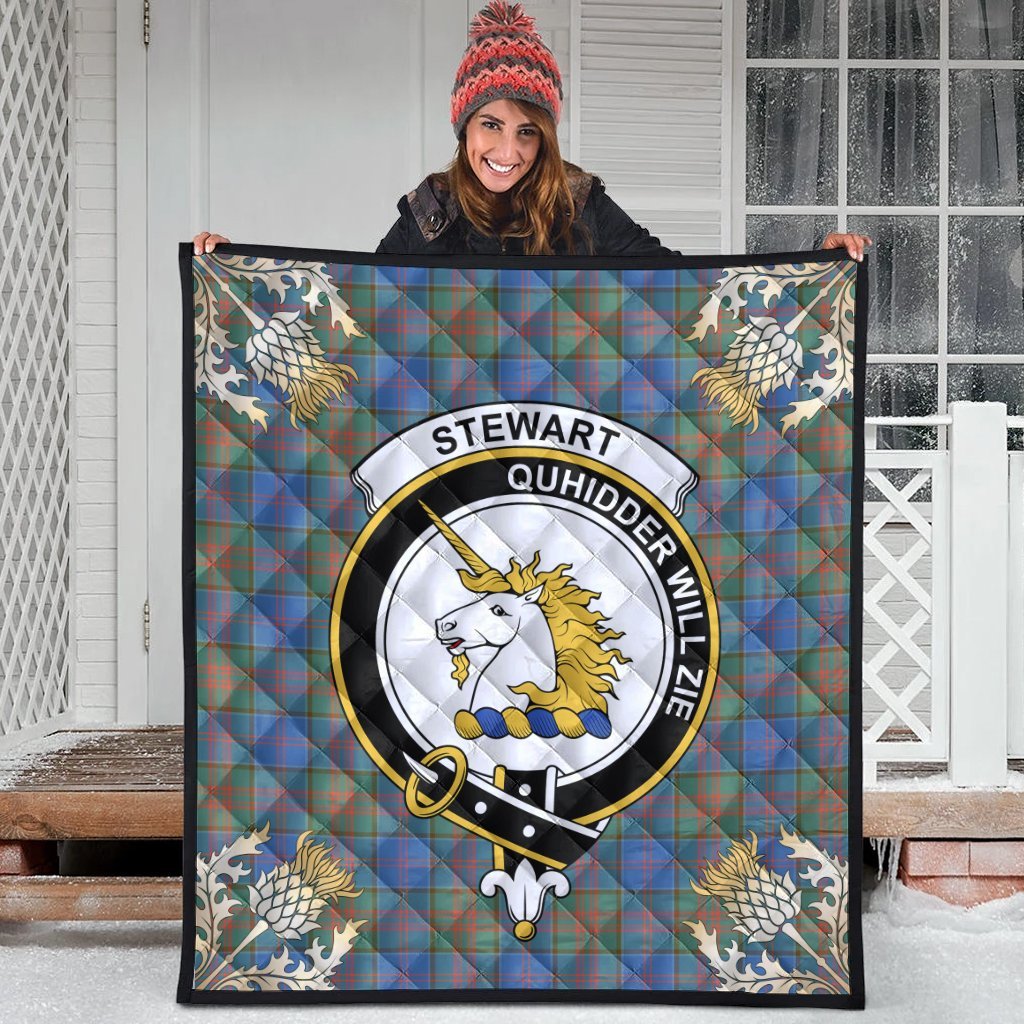 Stewart of Appin Hunting Ancient Tartan Crest Premium Quilt - Gold Thistle Style
