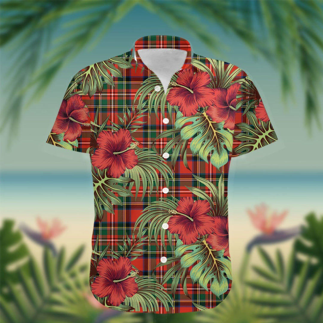 Stewart (High Stewards) Tartan Hawaiian Shirt Hibiscus, Coconut, Parrot, Pineapple - Tropical Garden Shirt
