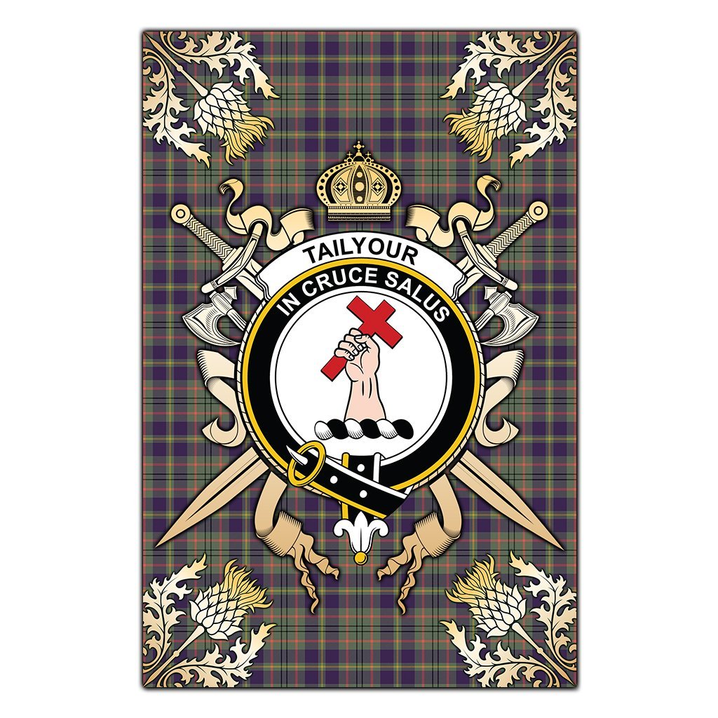 Taylor Weathered Tartan Crest Black Garden Flag - Gold Thistle Style