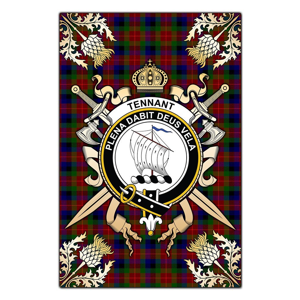 Tennant Tartan Crest Black Garden Flag - Gold Thistle Style