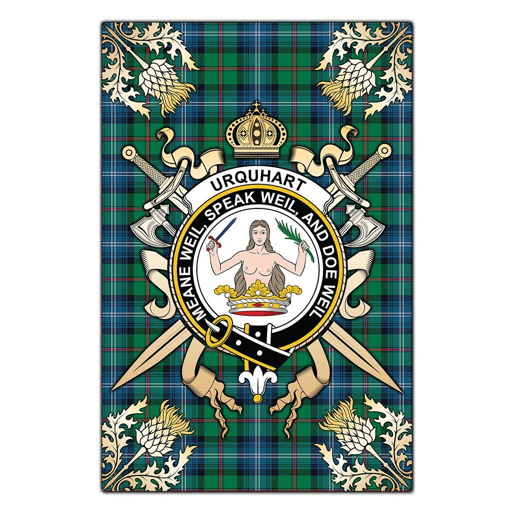 Urquhart Ancient Tartan Crest Black Garden Flag - Gold Thistle Style