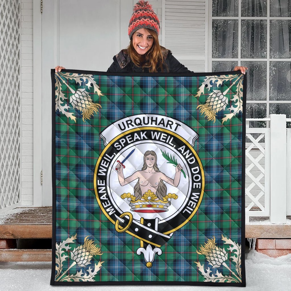 Urquhart Ancient Tartan Crest Premium Quilt - Gold Thistle Style