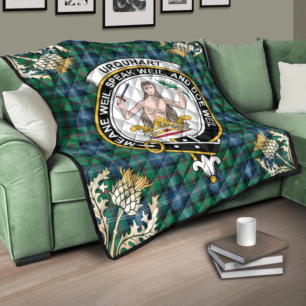 Urquhart Ancient Tartan Crest Premium Quilt - Gold Thistle Style