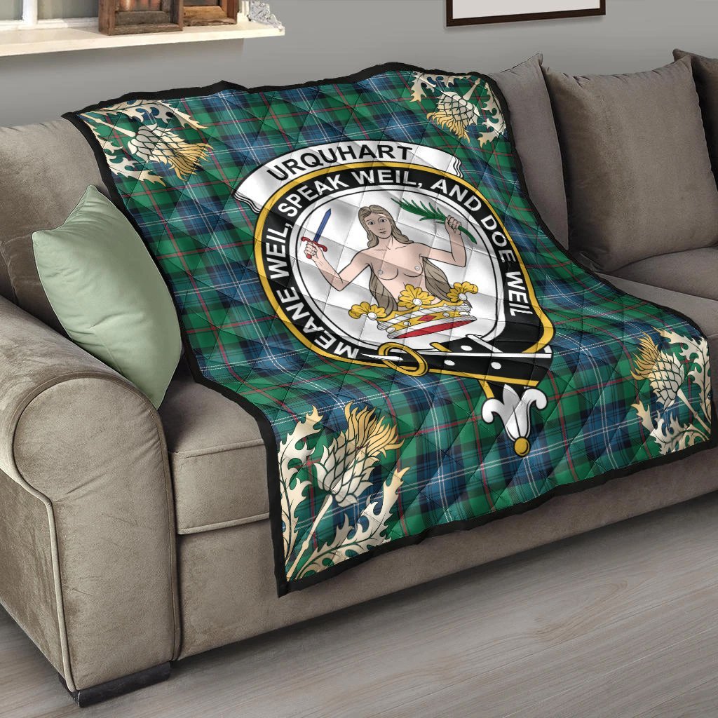 Urquhart Ancient Tartan Crest Premium Quilt - Gold Thistle Style