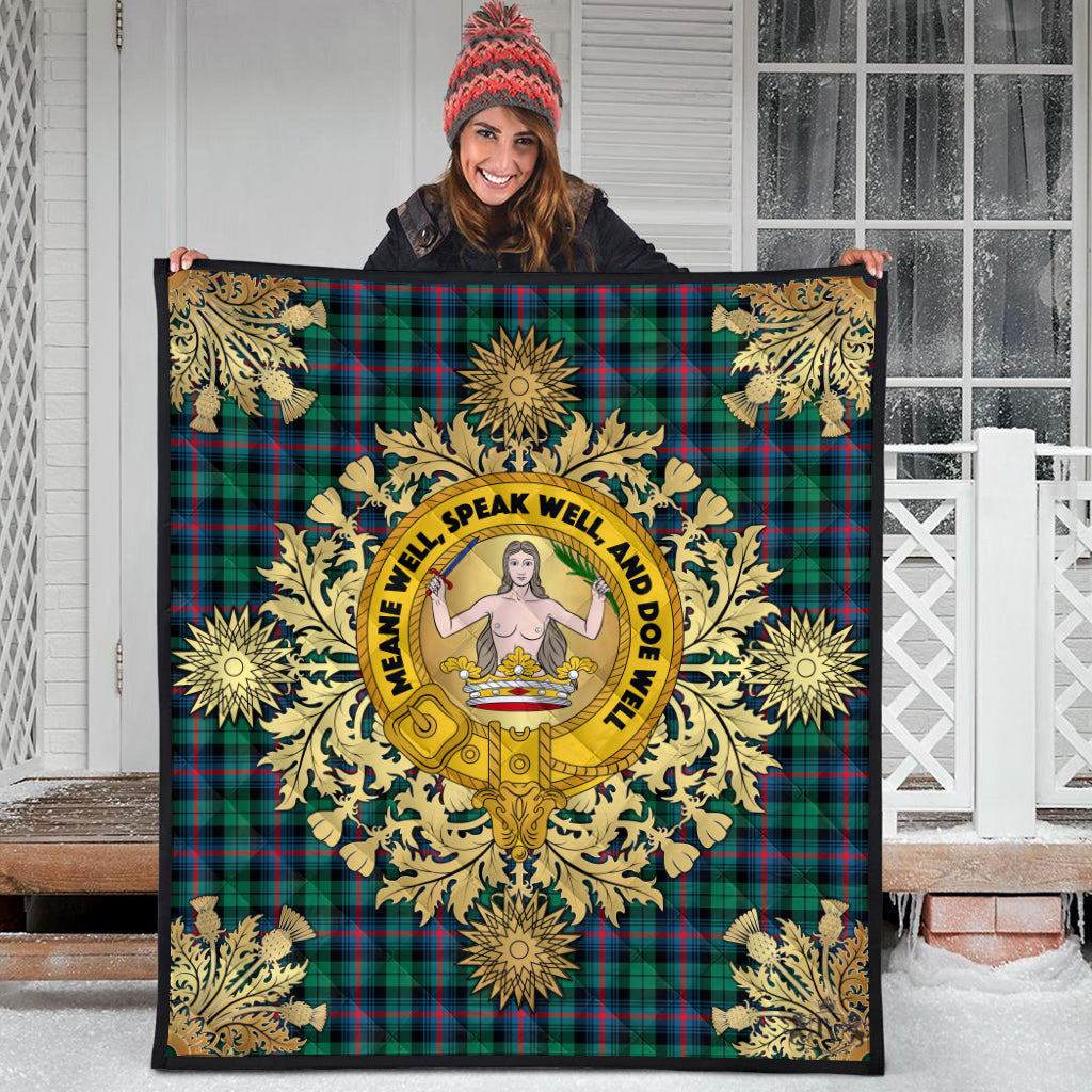 Urquhart Broad Red Ancient Tartan Crest Premium Quilt - Gold Thistle Style
