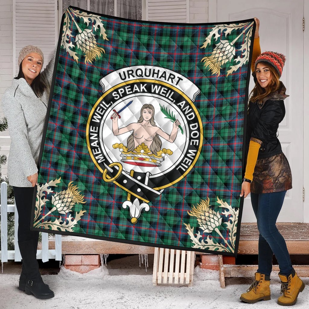 Urquhart Broad Red Ancient Tartan Crest Premium Quilt - Gold Thistle Style