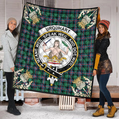 Urquhart Broad Red Ancient Tartan Crest Premium Quilt - Gold Thistle Style