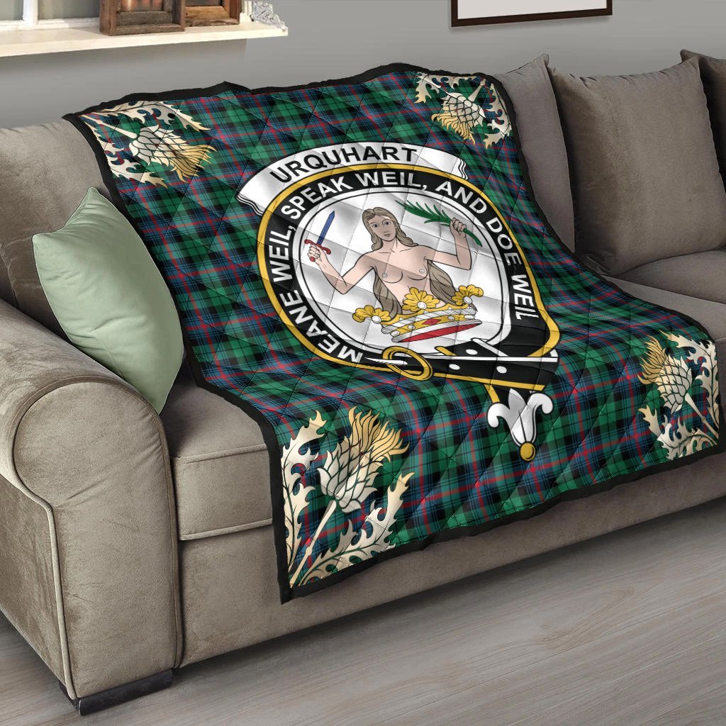 Urquhart Broad Red Ancient Tartan Crest Premium Quilt - Gold Thistle Style