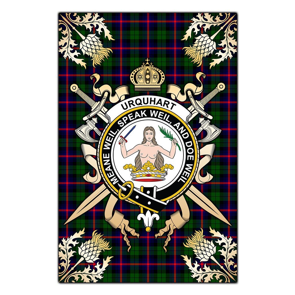Urquhart Modern Tartan Crest Black Garden Flag - Gold Thistle Style