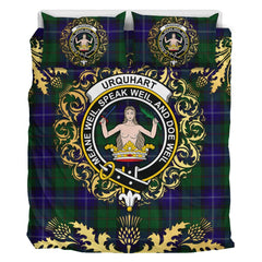 Urquhart White Line Tartan Crest Bedding Set - Golden Thistle Style