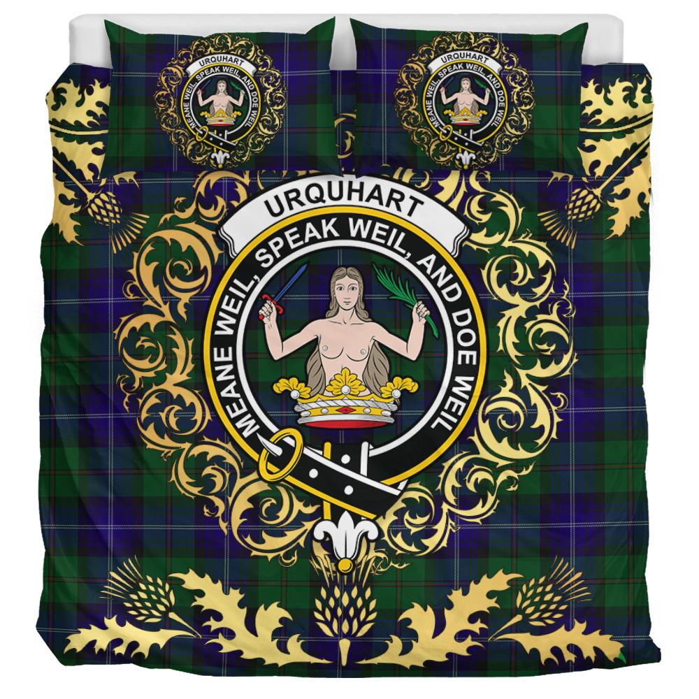 Urquhart White Line Tartan Crest Bedding Set - Golden Thistle Style