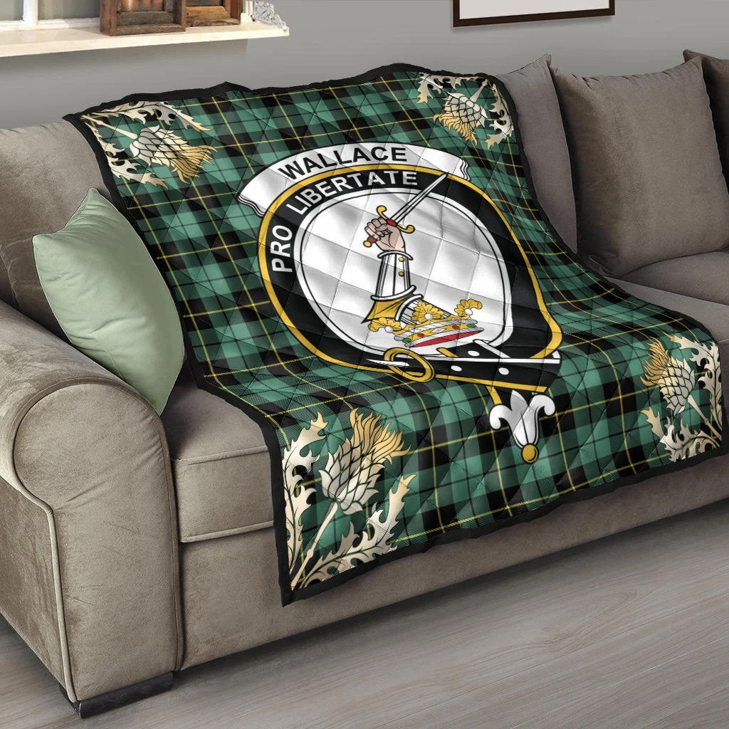 Wallace Hunting Ancient Tartan Crest Premium Quilt - Gold Thistle Style