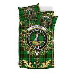 Wallace Hunting Green Tartan Crest Bedding Set - Golden Thistle Style