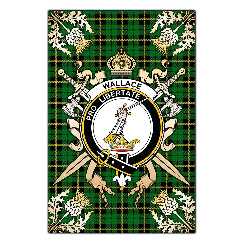 Wallace Hunting Green Tartan Crest Black Garden Flag - Gold Thistle Style