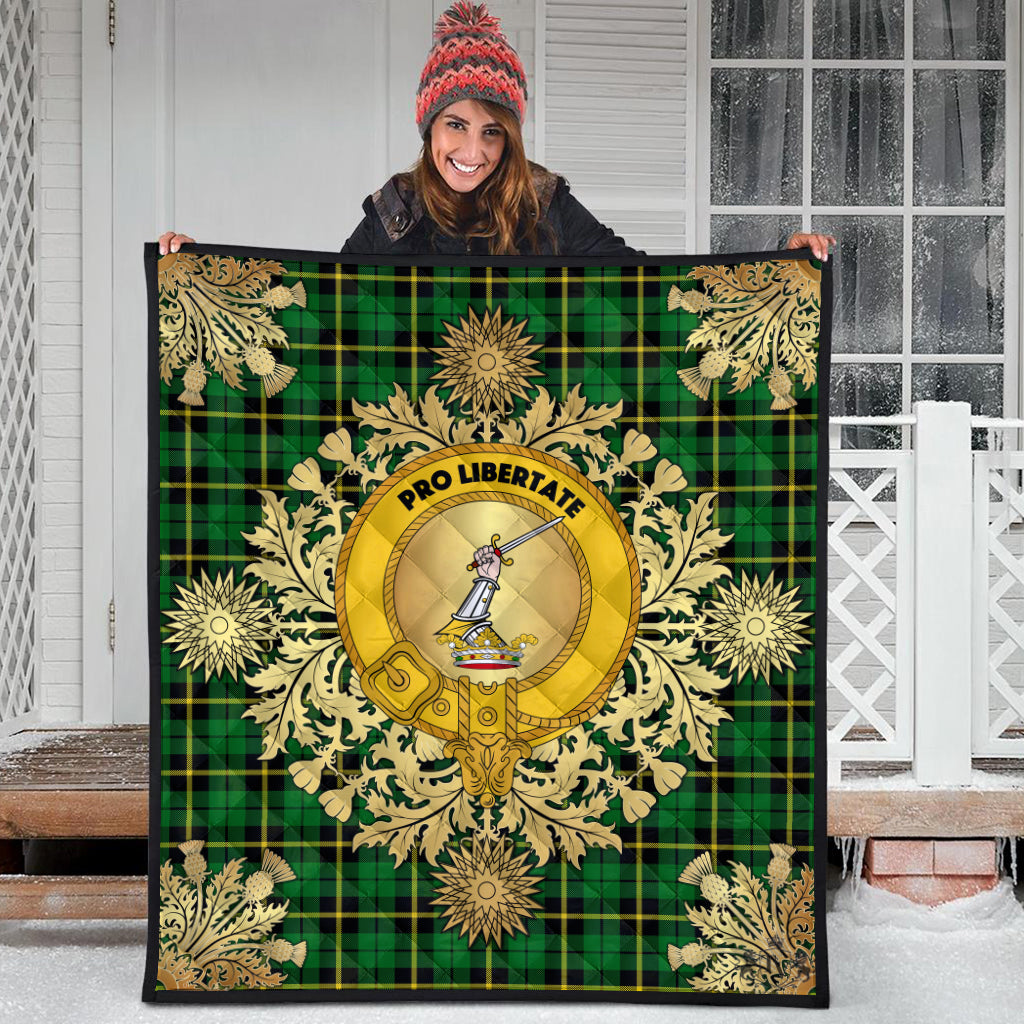 Wallace Hunting Green Tartan Crest Premium Quilt - Gold Thistle Style